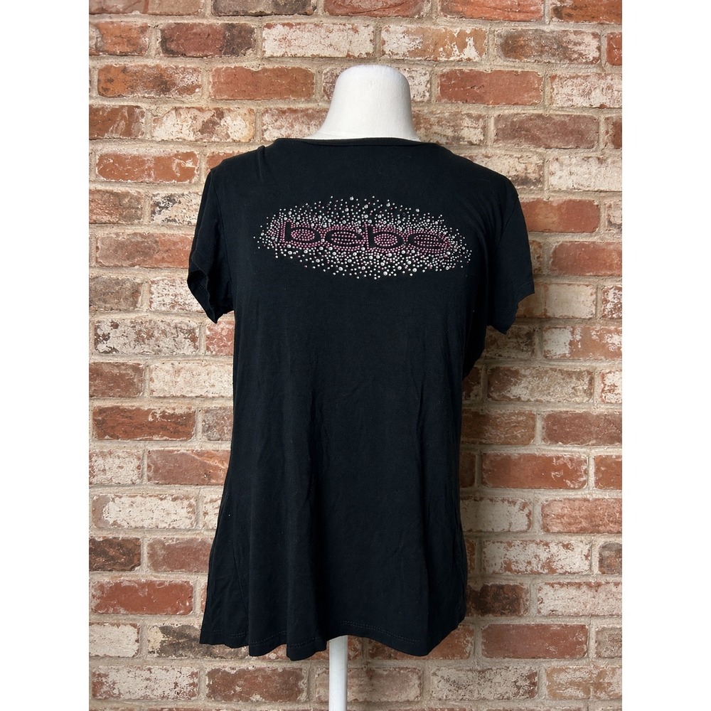 Y2K Bebe Black Rhinestone Graphic T-Shirt Short Sleeve L McBling 2000s Glam
